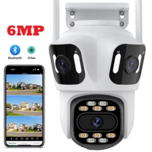 iCsee Three Lens PTZ IP Camera Outdoor 6MP HD Three Screen WiFi Security Camera Auto Tracking 4K Dual Len Wireless CCTV Camera