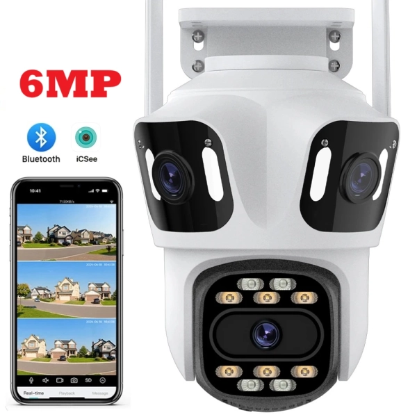 iCsee Three Lens PTZ IP Camera Outdoor 6MP HD Three Screen WiFi Security Camera Auto Tracking 4K Dual Len Wireless CCTV Camera
